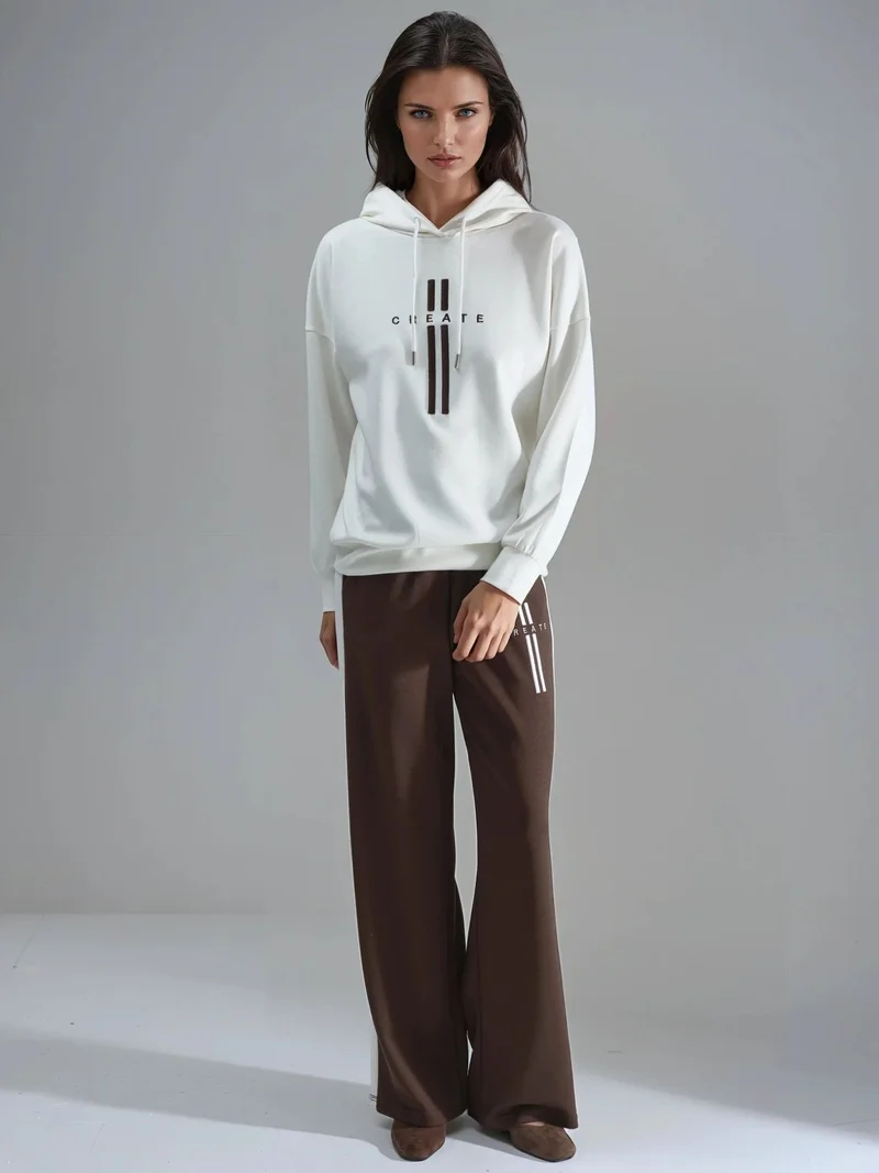 Hiccup White Modal Touch Hooded Sweatshirt & Stripe Detailed Pants Set Bersan Collection for Women | Best Price UAE